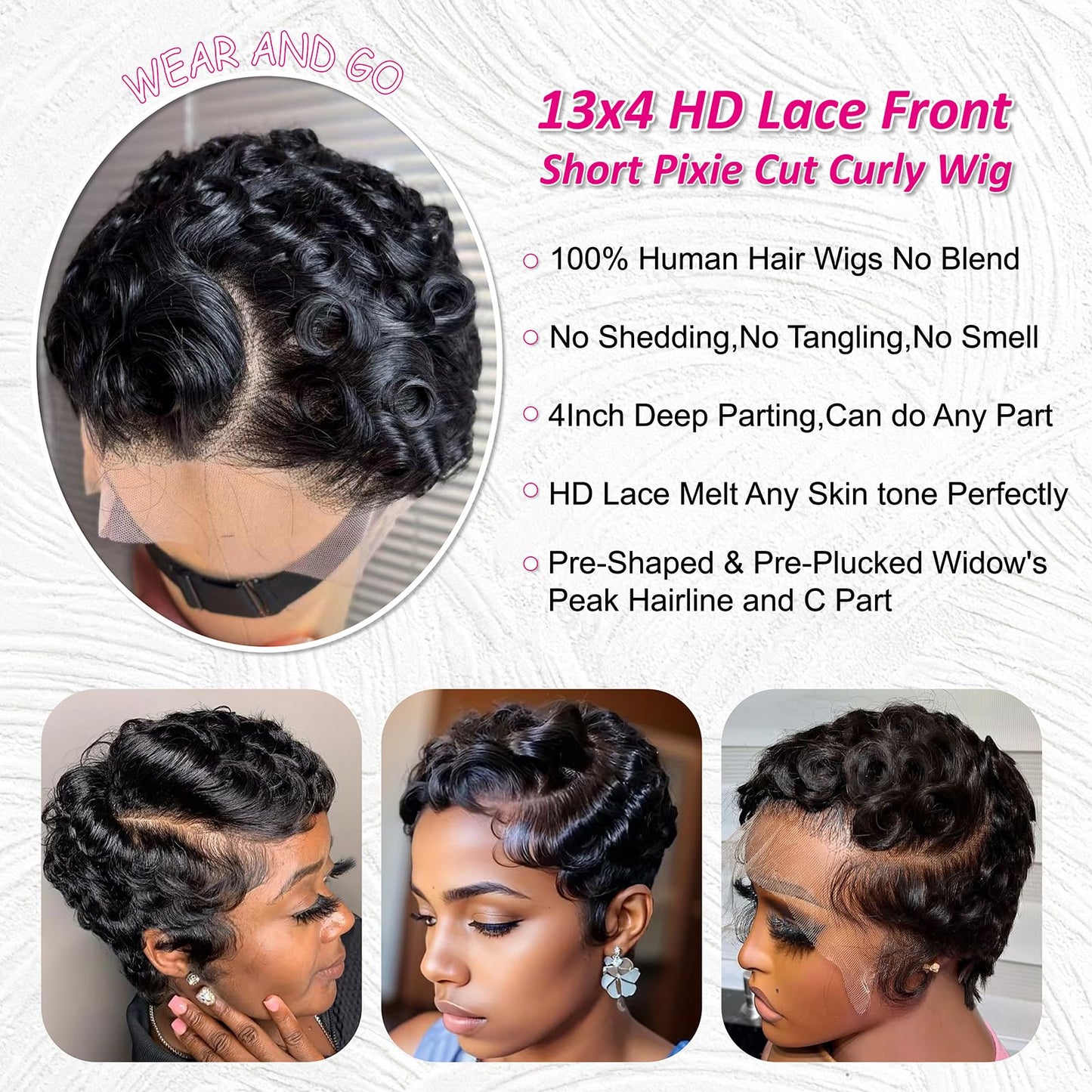 CRYSTALHAIR Short Curly Pixie Cut 13x4 Lace Front Wig 100% Human Hair Wigs, Black 13x4 HD Lace Frontal Wigs Short Layered Curly Glueless Wig Pre Plucked Deep Wave Pixie Cut Human Hair Wigs for Women