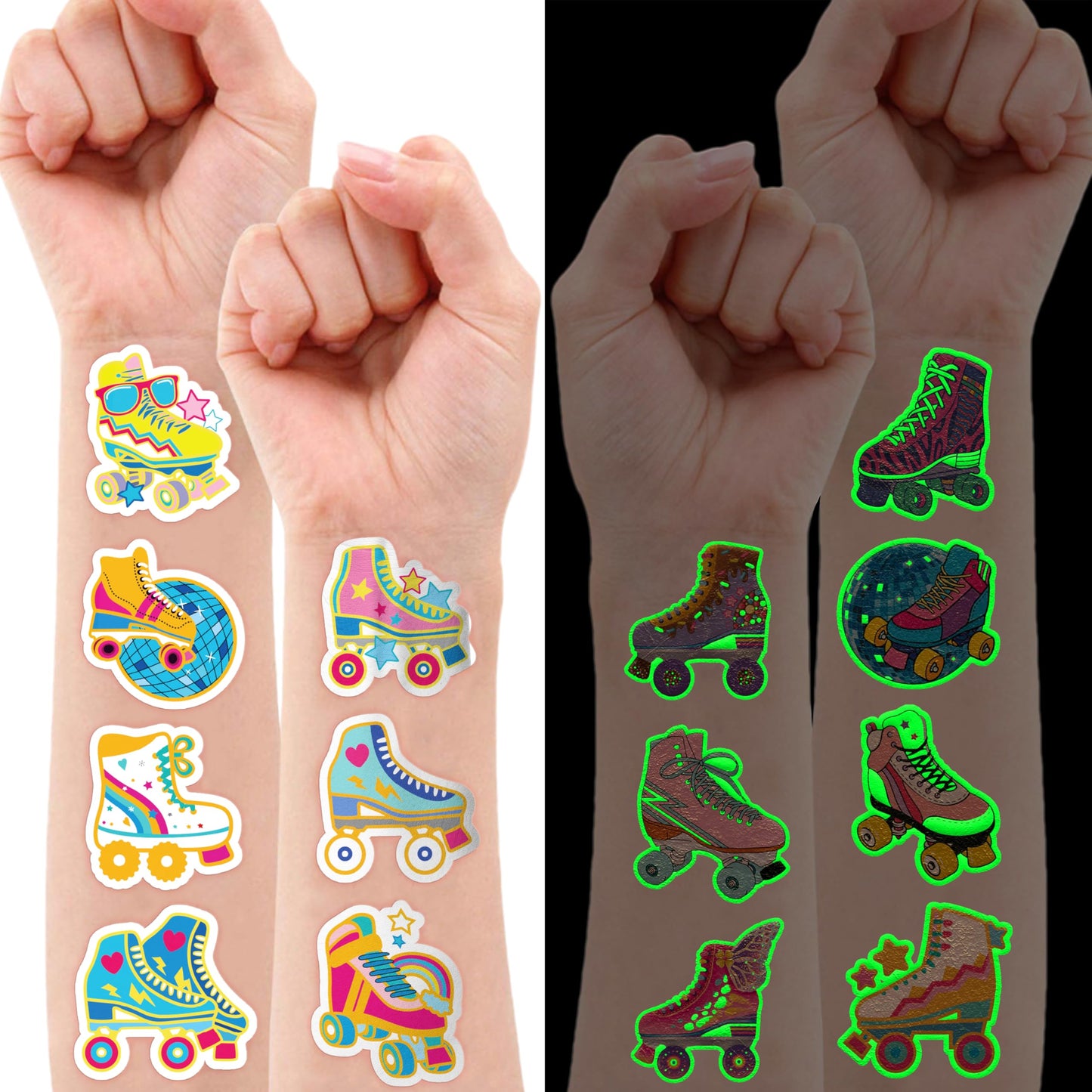96 PCS Roller Skate Skating Pre-Cut Luminous Temporary Tattoos Themed Birthday Party Favors Decorations Supplies Decor Retro 80s 90s Disco Glow In The Dark Tattoo Stickers Gifts For Boys Girls Class