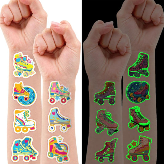 96 PCS Roller Skate Skating Pre-Cut Luminous Temporary Tattoos Themed Birthday Party Favors Decorations Supplies Decor Retro 80s 90s Disco Glow In The Dark Tattoo Stickers Gifts For Boys Girls Class