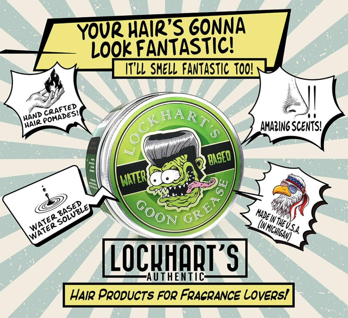 Lockhart’s Goon Grease - Water-Based Pomade – All Day Hold, High Shine Hair Pomade for Men – Washable, Strong Styling for Classic & Modern Looks - Citrus Cologne Scent - 3.4oz