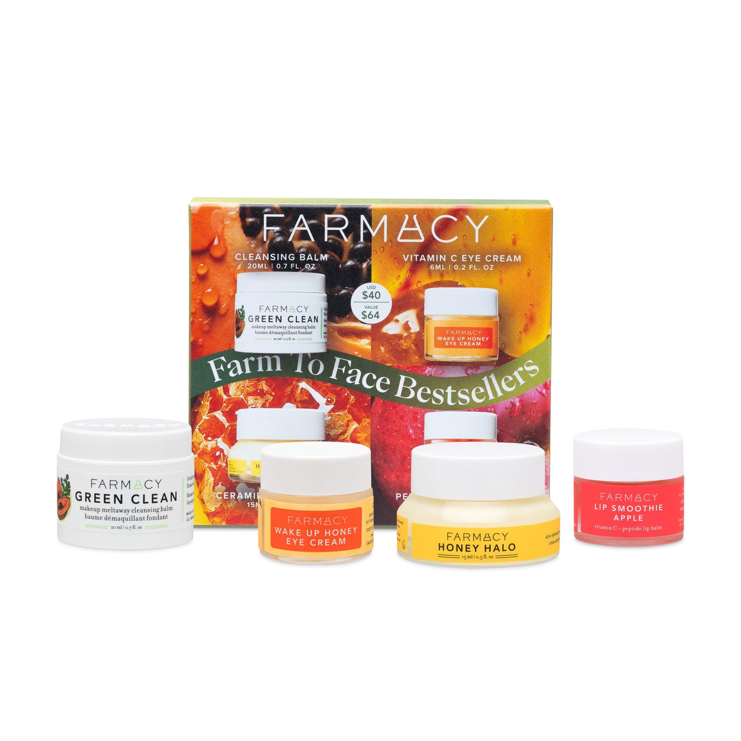 Farmacy Bestsellers Skin Care Set - Includes Green Clean Cleansing Balm, Wake Up Honey Eye Cream, Honey Halo Face Moisturizer + Lip Smoothie - Travel Size Skincare for Healthy, Glowing Skin (4 Count)