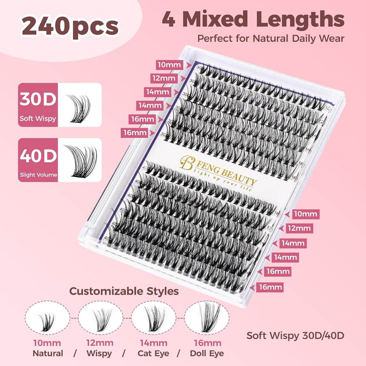 Eyelash Clusters Kit - 240PCS Natural Wispy Extensions with Bond & Seal | Mixed Lengths 10-16mm