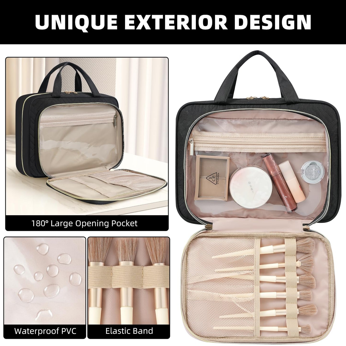 BAGAIL Hanging Toiletry Bag for Women Water-resistant Cosmetic Bag Large Capacity Travel Makeup Organizer for Full-Sized Travel Essentials(Standard, Black)