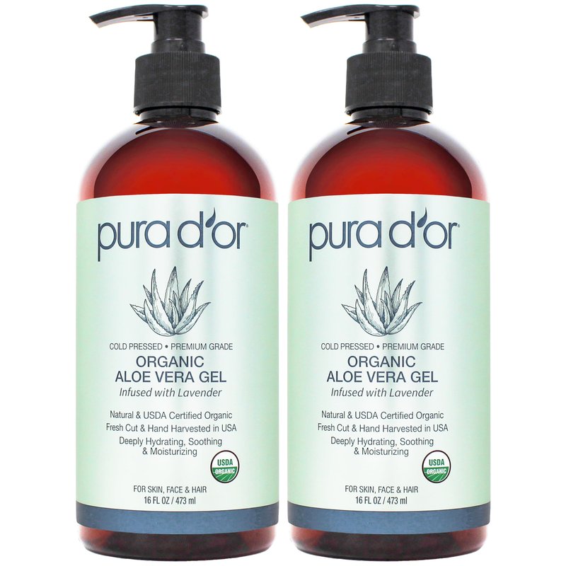 PURA D'OR ORGANIC Aloe Vera Gel Lavender (16 Oz X 2) All Natural - ZERO Artificial Preservatives - Deeply Hydrating & Moisturizing - Sunburn, Bug Bites, Rashes, Small Cuts, Eczema Relief - Skin & Hair