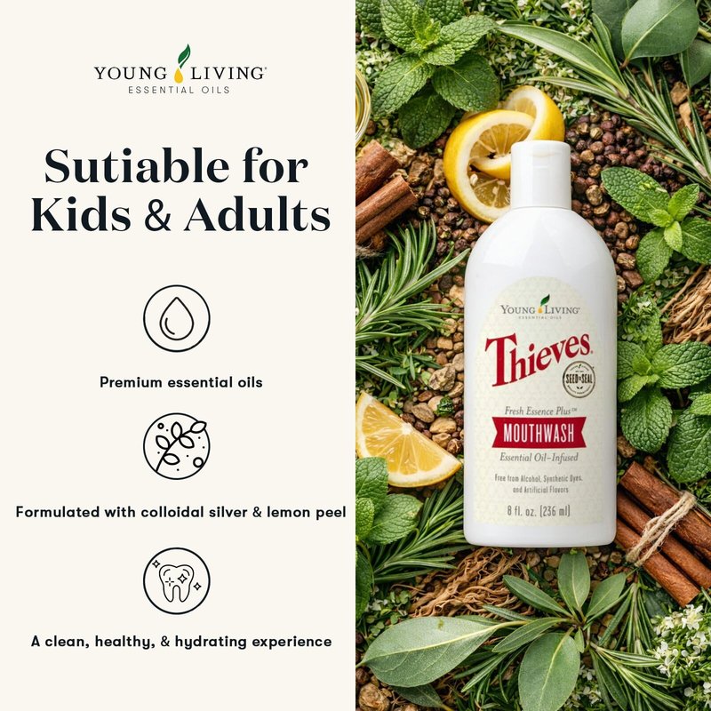 Young Living Thieves Fresh Essence Plus Mouthwash | 8 fl oz | Alcohol-Free and Fluoride-Free | Enhanced with Essential Oils | Peppermint, Rosemary, Lemon, & Cinnamon Oils