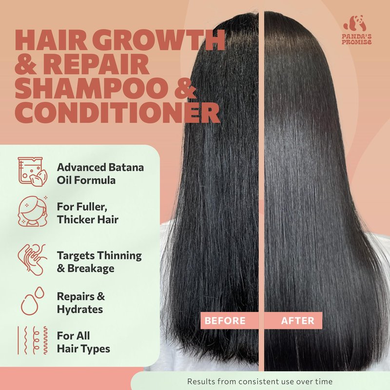 Panda's Promise Batana Oil Shampoo and Conditioner Set – Sulfate-Free Haircare with Batana Oil Nourishing Duo for Smooth, Soft and Manageable Hair For All Hair Types, Unisex (12 fl oz Each)