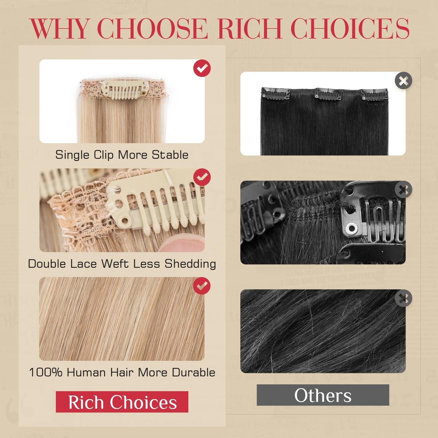 Rich Choices Real Human Hair Clip In Extensions-6 Pcs Single Clip Design-Invisible Clip in Extensions for Thin Short Hair-Hairpieces for Women-10 Inches #12P613 Golden Brown Highlighted Bleach Blonde