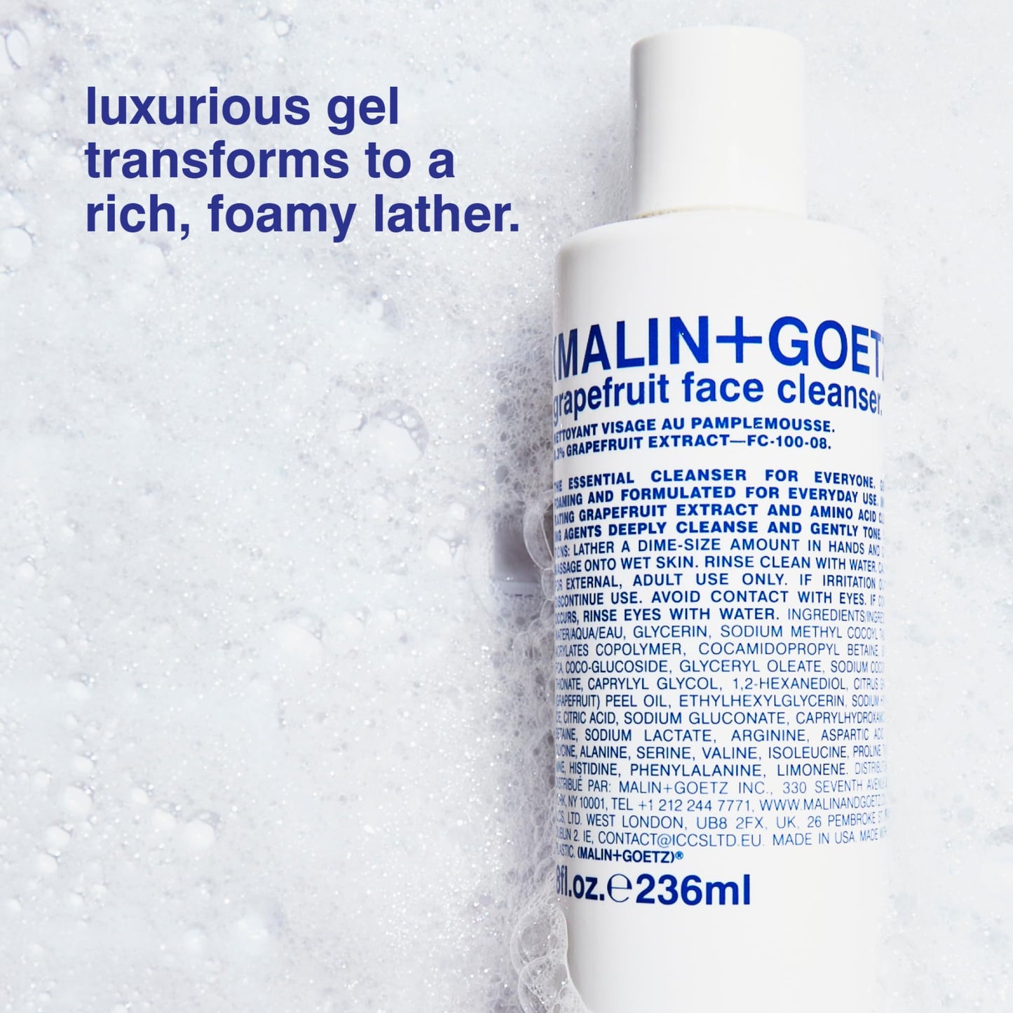 MALIN+GOETZ Grapefruit Face Cleanser | Gentle 3-in-1 Foaming Gel Vitamin-Rich Grapefruit, Amino Acids + Coconut-Based Surfactants | Purifies, Balances + Brightens | Vegan + Cruelty-Free (8 Fl Oz)