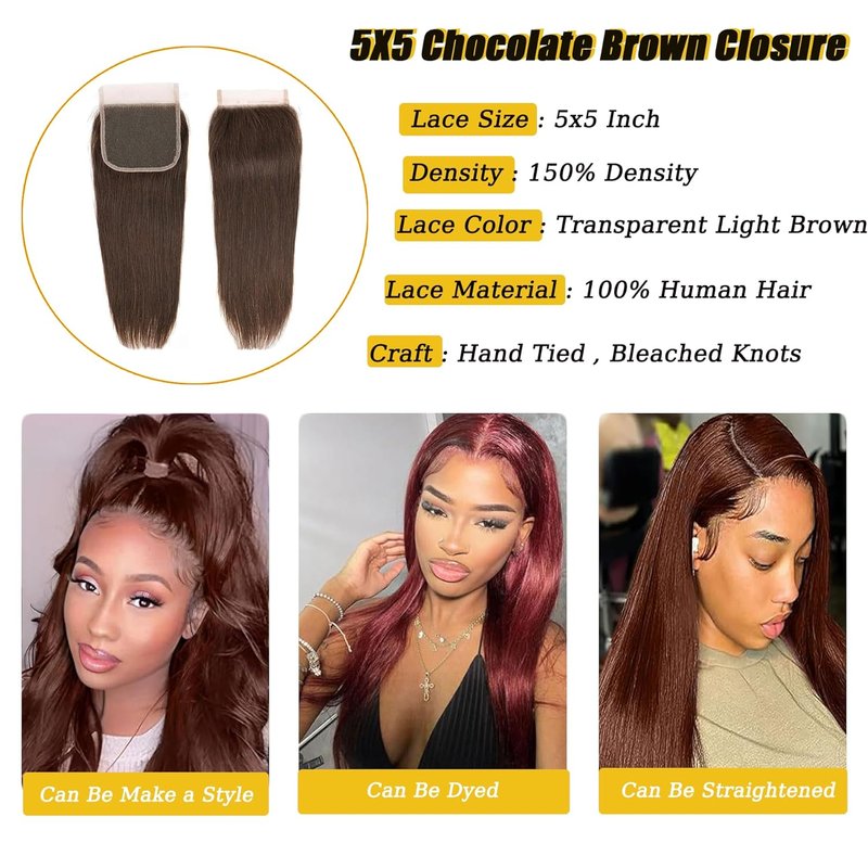 5x5 HD Lace Closure - Chocolate Brown Straight Human Hair with Natural Hairline | 16 Inch