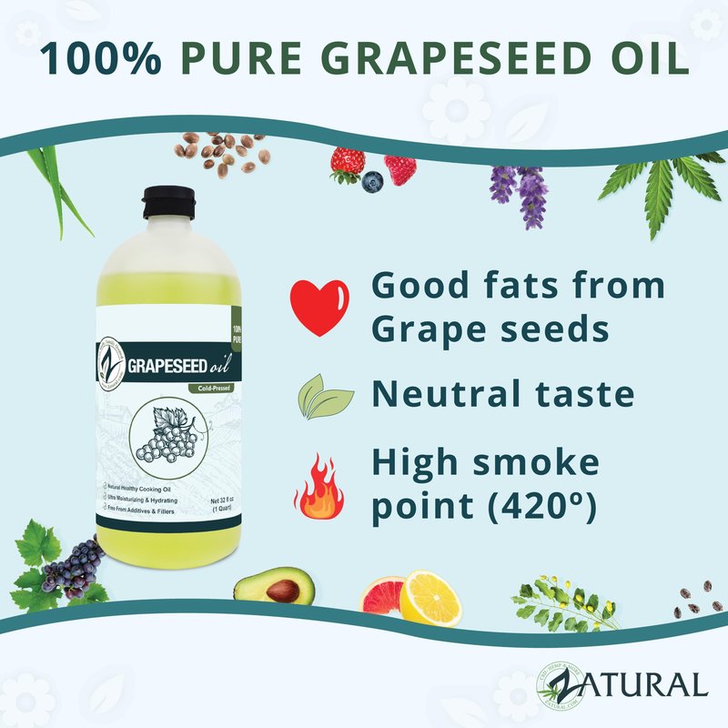 Zatural 100% Pure Cold Pressed Grapeseed Oil – Naturally Grown Virgin, High Smoke Point 450°F+, Non-GMO, Perfect for Cooking Frying Baking, Dressings Marinades & Skincare Hair (32 Fl oz)
