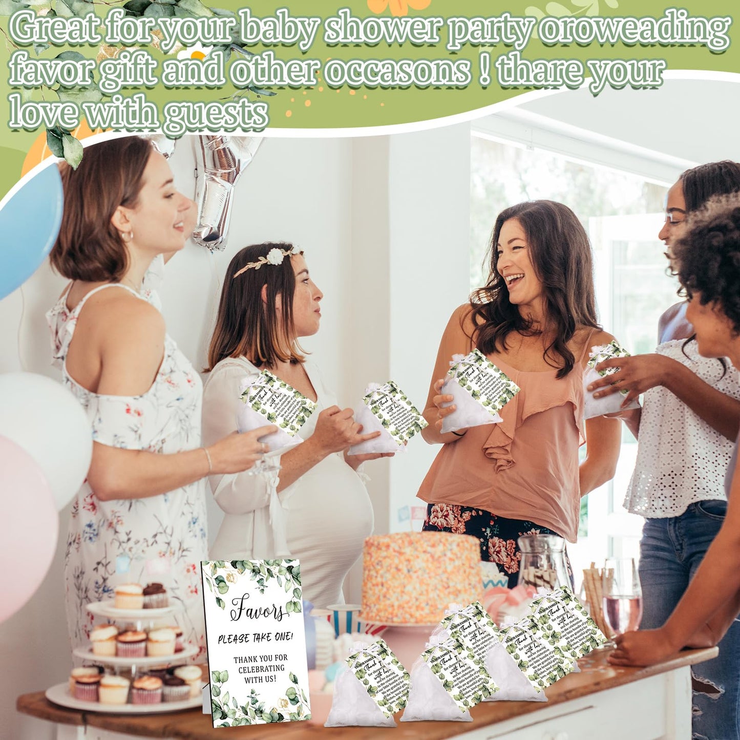 Anglechic 50 Sets Baby Shower Favors for Guests Include 50 Pcs Bath Sponge Loofahs 50 Pcs Thank You Cards 50 Pcs White Organza Bags 1 Wooden Sign for Baptism Baby Shower Gender Reveal Birthday