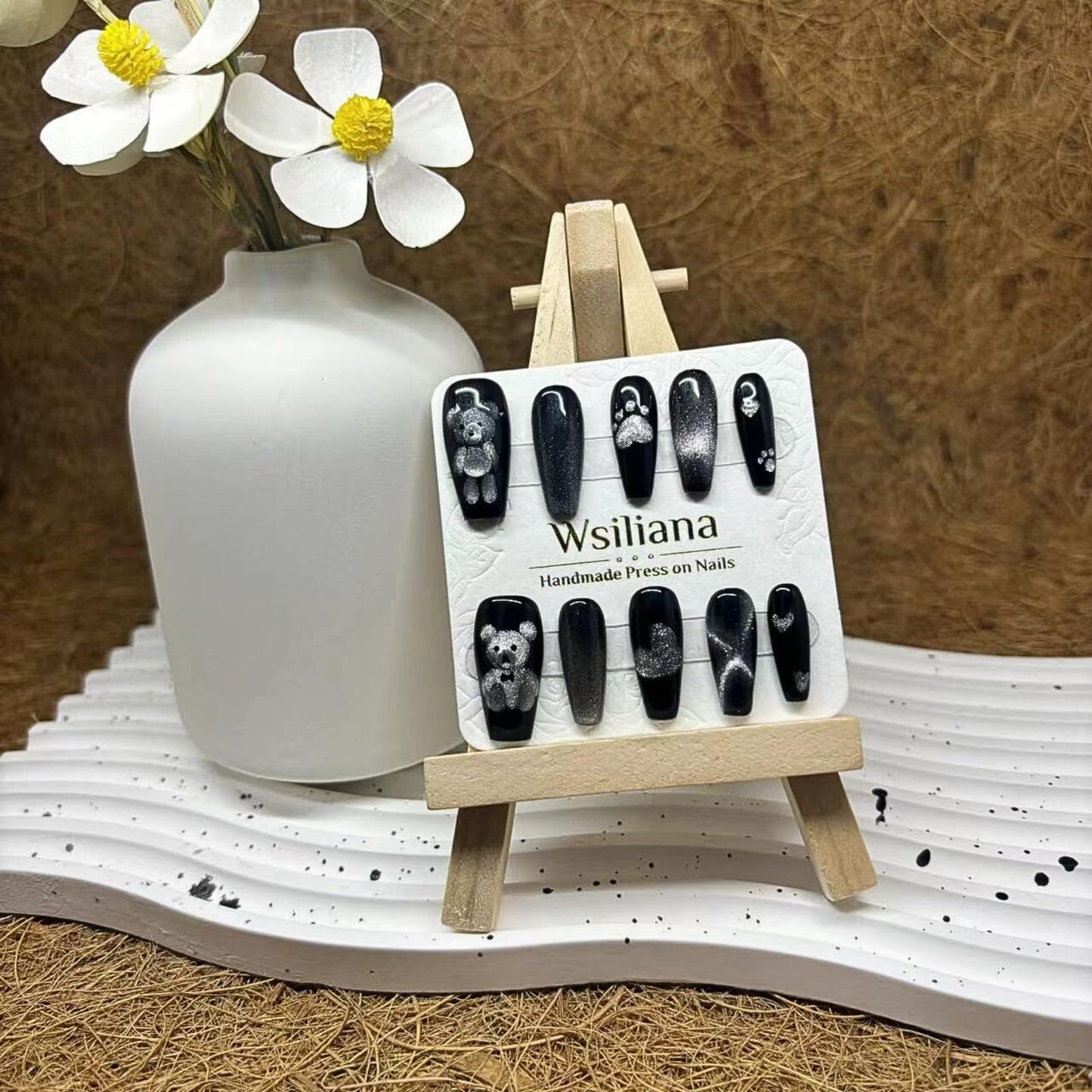 Wsiliana Handmade Fake Nails Press On Nails Medium Short Coffin Pink Tip 3D Design Art Charms Cute with Storage Box 10 Pcs (070, M)