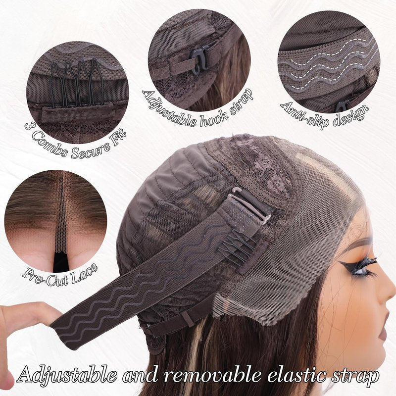 WECAN Brown Mixed Blonde Glueless Wigs Synthetic Lace Front Wigs 13x4 Pre Plucked Pre Cut Blonde Highlight Wavy Wig