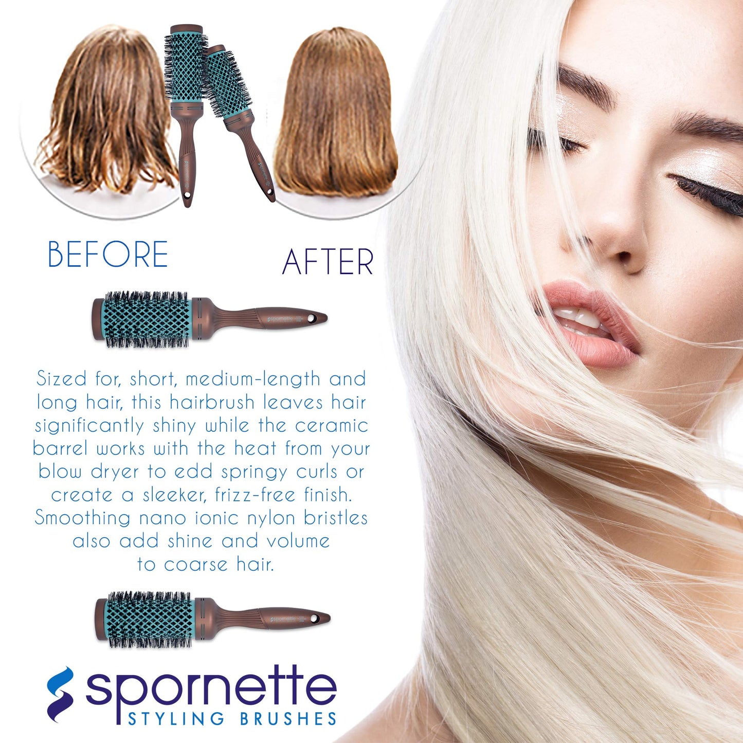 Spornette Ion Fusion Ceramic Round Brush for Blow Drying - Round Hair Brush for Blow Outs, Volume & Curling - Ion Bristles Help to Smooth Hair and Eliminate Frizz & Static (2.5 Inch)