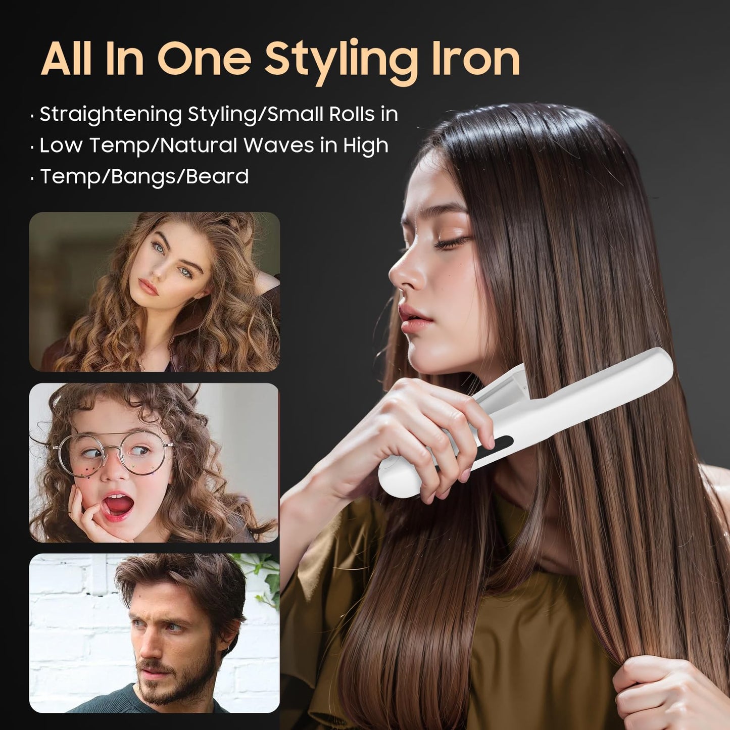 Cordless Hair Straightener and Curler, 2 in 1 Portable Mini Flat Iron & Curling Iron, Fast Heating & Titanium Plate Straightener with 4 Adjustable Temp,Travel Size Preferred Gifts (Orange-White)