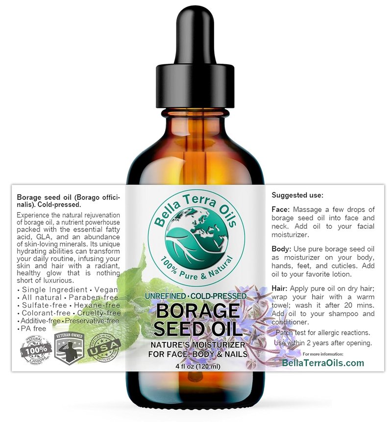 Organic Borage Seed Oil - 4 oz Pure Oil Rich in GLA & Omega-6 | Elevate Skin Radiance & Softness