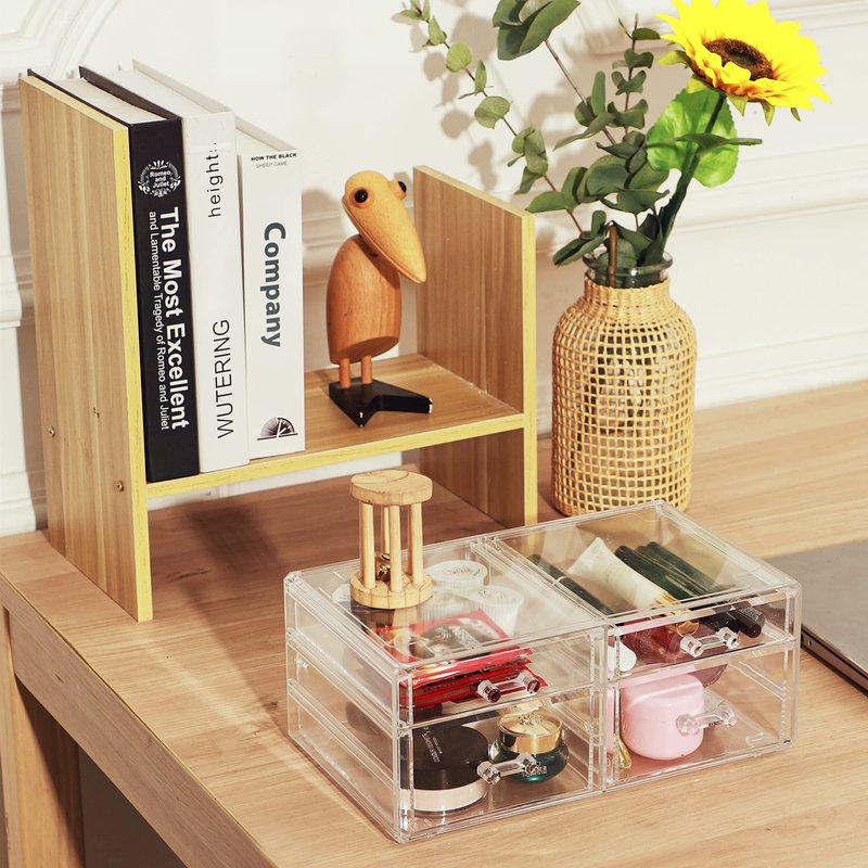 Acrylic Clear Makeup Organizers With 4 Drawers,Rectangular Office Stationery Supplies Plastic Storage Containers,Stackable Acrylic Drawers Suitable for Office,School,Home Cute Desk Organizer,Pack of 1