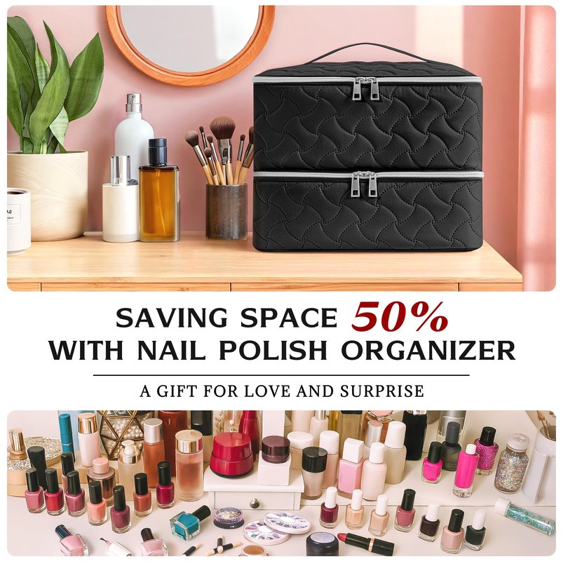 DreamGenius Nail Polish Organizer Case Holds 42 Bottles, Portable Double-Layer Nail Polish Storage Bag with Adjustable Dividers for Manicure Tools, Black
