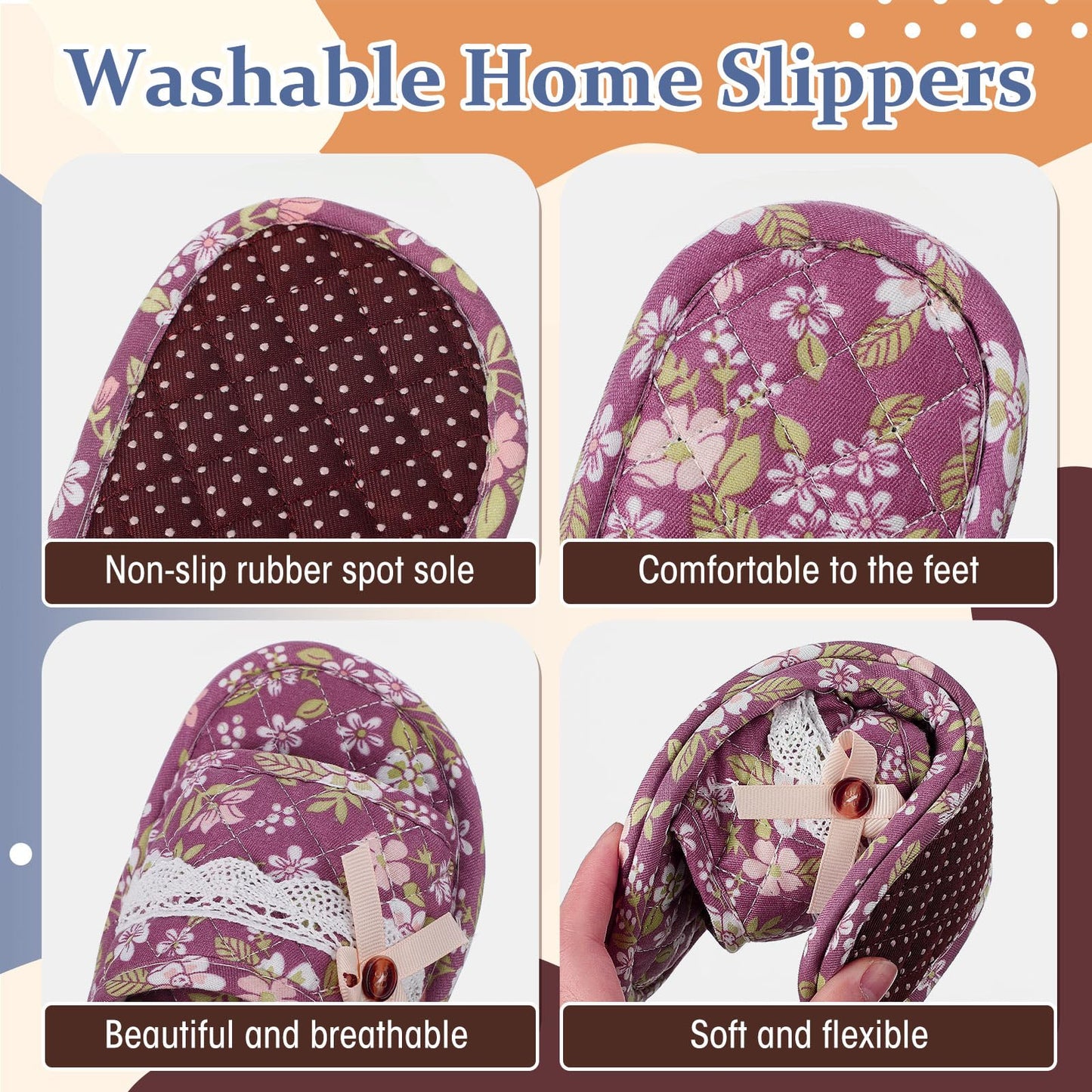 Mepase 8 Pairs Cotton House Indoor Slippers for Guests Washable Home Open Toe Floral Slippers for Women Men
