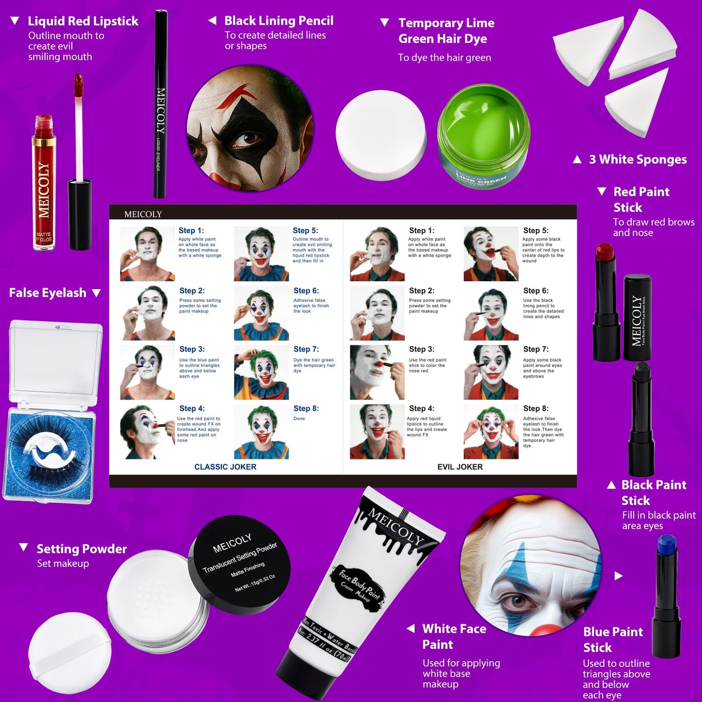 MEICOLY Joker Makeup Kit,Complete Joker Costume Clown Makeup,Clown White Face Paint Character Set for Halloween SFX Cosplay Stage Performance Theatre,Green Hair Dye,Setting Powder,Red Lip Gloss