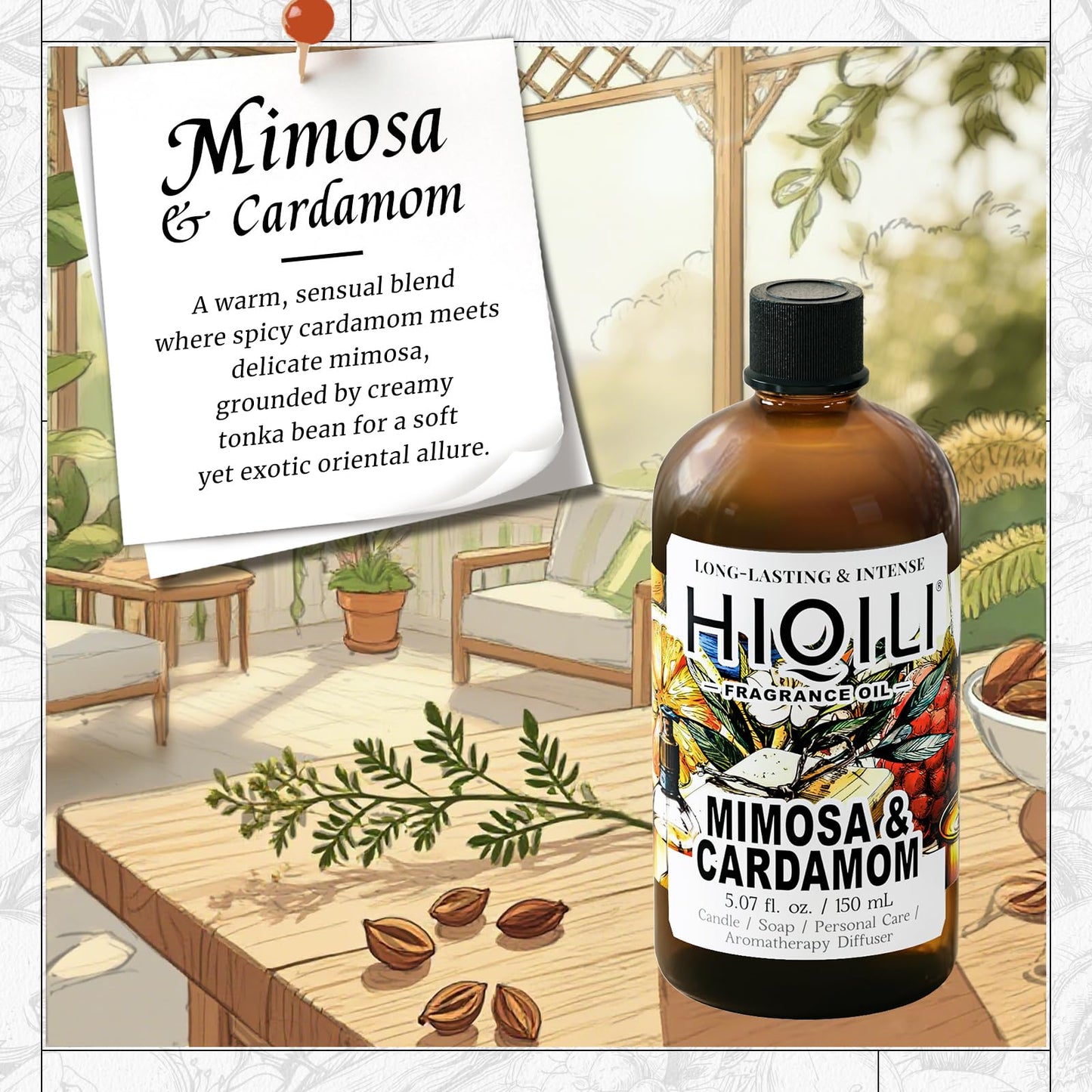 HIQILI Mimosa & Cardamom Fragrance Oil for Candle & Soap Making,Ideal for Essential Oil Diffuser, DIY Perfume, Room Sprays - 5.07 Fl Oz