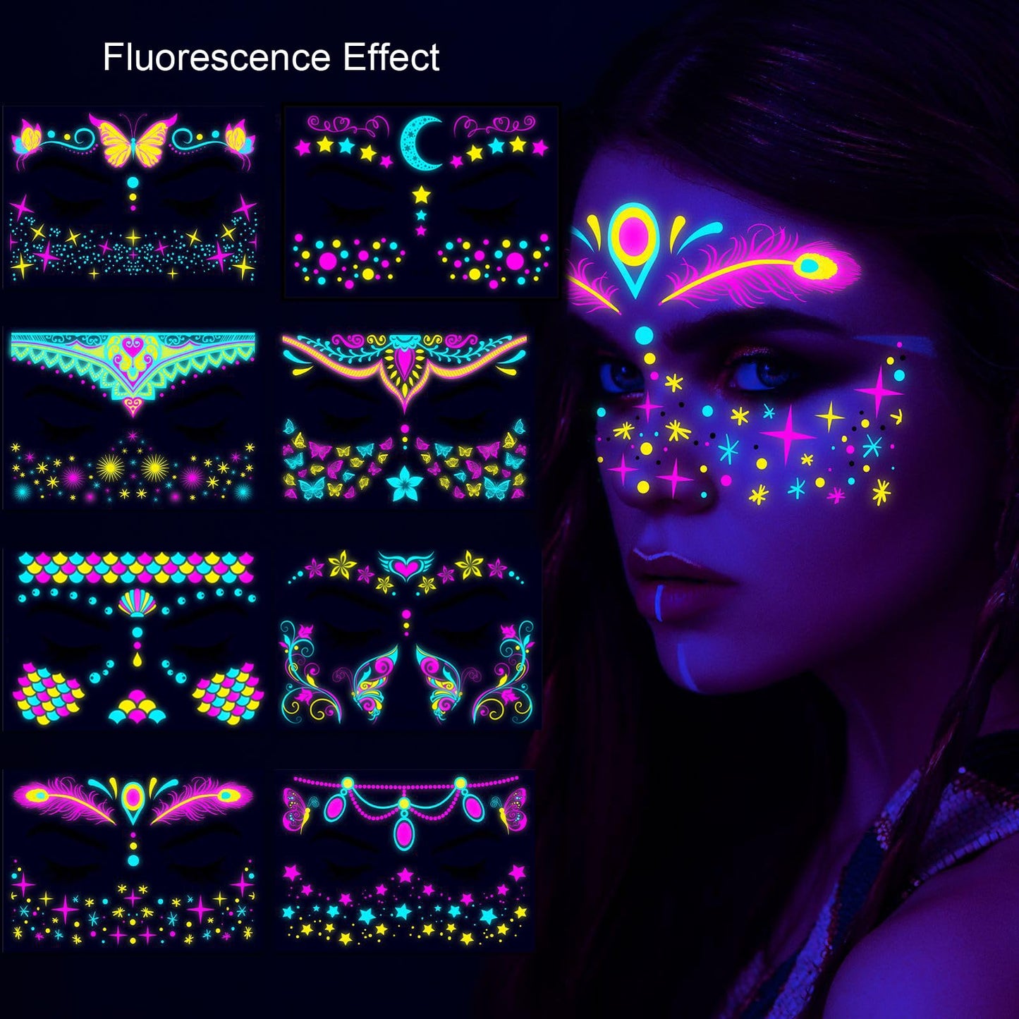 Neon Face Tattoos Glow in The Dark Temporary Tattoos,UV Blacklight Tattoos Stickers Body Face Flowers Butterfly Tattoo for Glow Party Makeup Supplies Favors