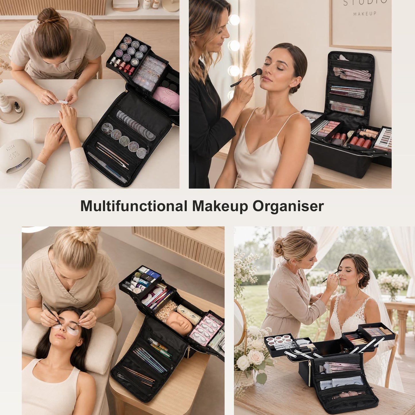 Yueieoun Large Travel Makeup Train Case, Big Makeup Bag Organizer Makeup Box,4 Tier Professional Cosmetic Storage Cases for Nail Tech Tattoo Storage Bag for Equipment and Supplies with luggage Sleeve
