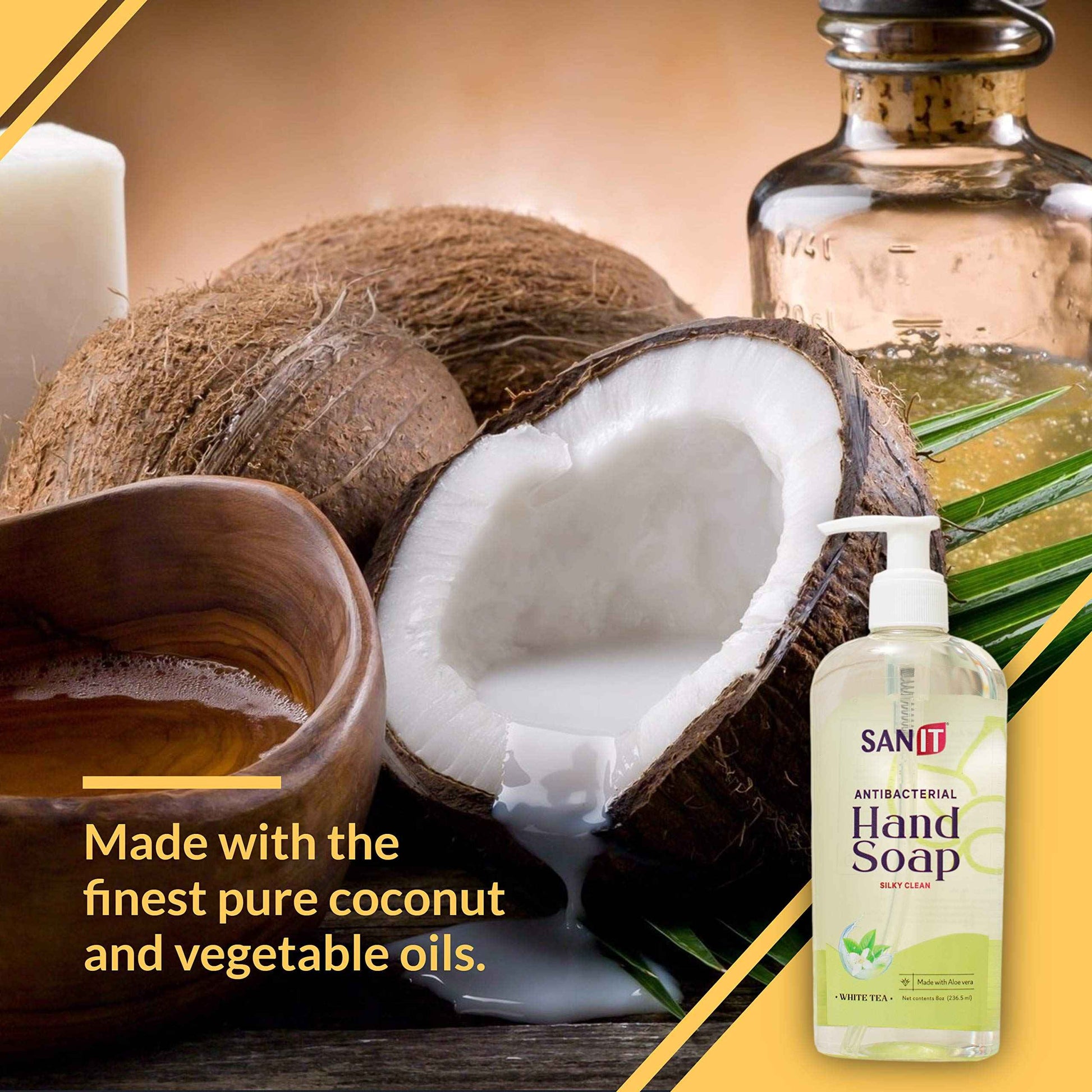 Sanit Silky Clean Antibacterial Liquid Gel Aromatic Hand Soap - Advanced Formula with Coconut Oil and Aloe Vera - Natural Moisturizing Hand Wash - Made in USA, White Tea, 8 oz, 3 Pack