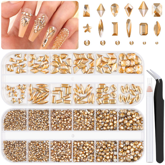 3220Pcs Champagne Gold Nail Rhinestones 120Pcs Multi Shapes Flatback Gems Charms Crystal+3100Pcs 1.5-4mm Round Beads, Glass Diamond Gemstones for Bedazzling Acrylic Nails Decoration