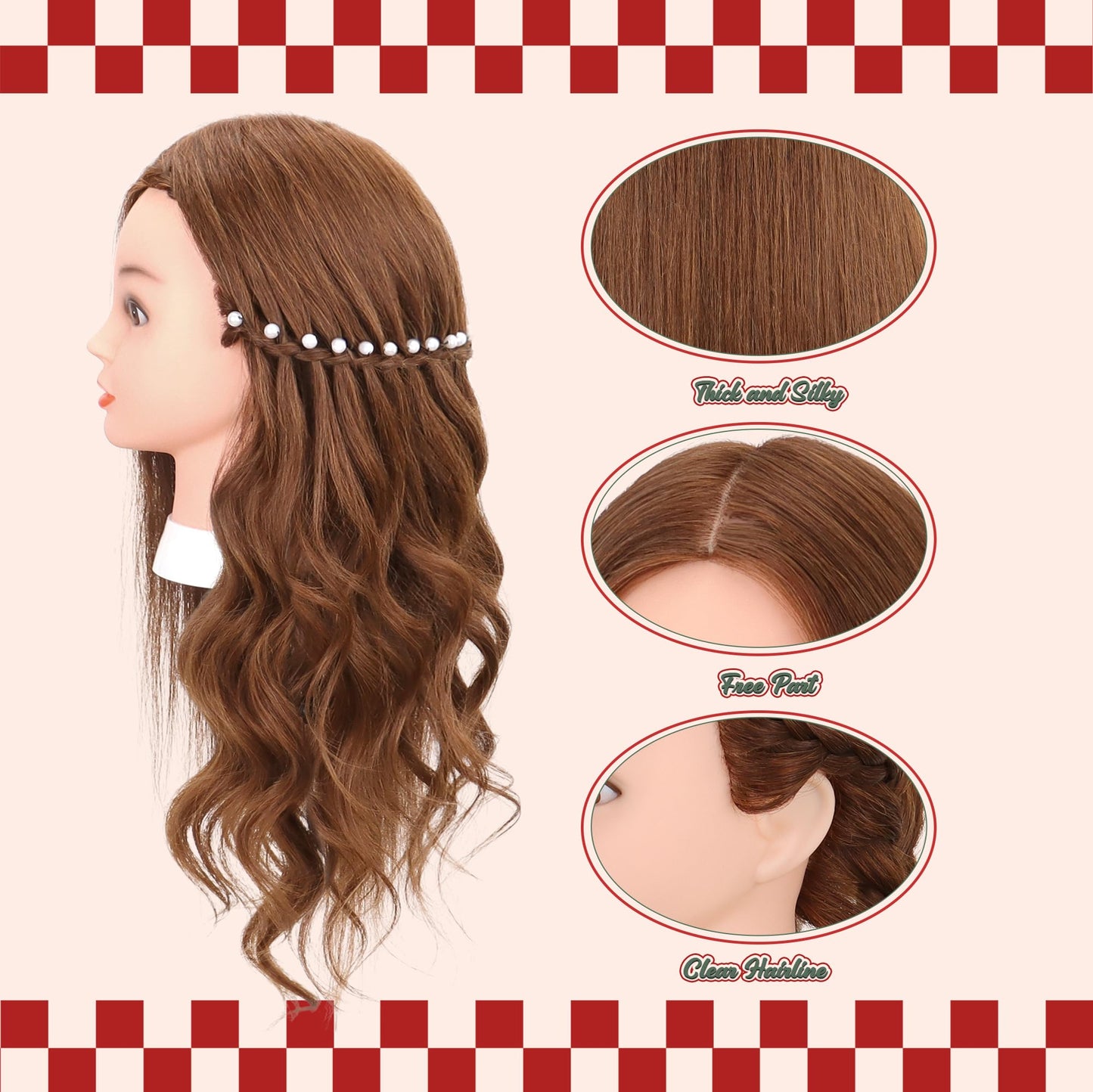 Mannequin Head Human Hair 22-24" Cosmetology Manikin Head with 100% Real Human Hair for Hairdresser Practice with Free Clamp Holder and Tools (Dark Brown)