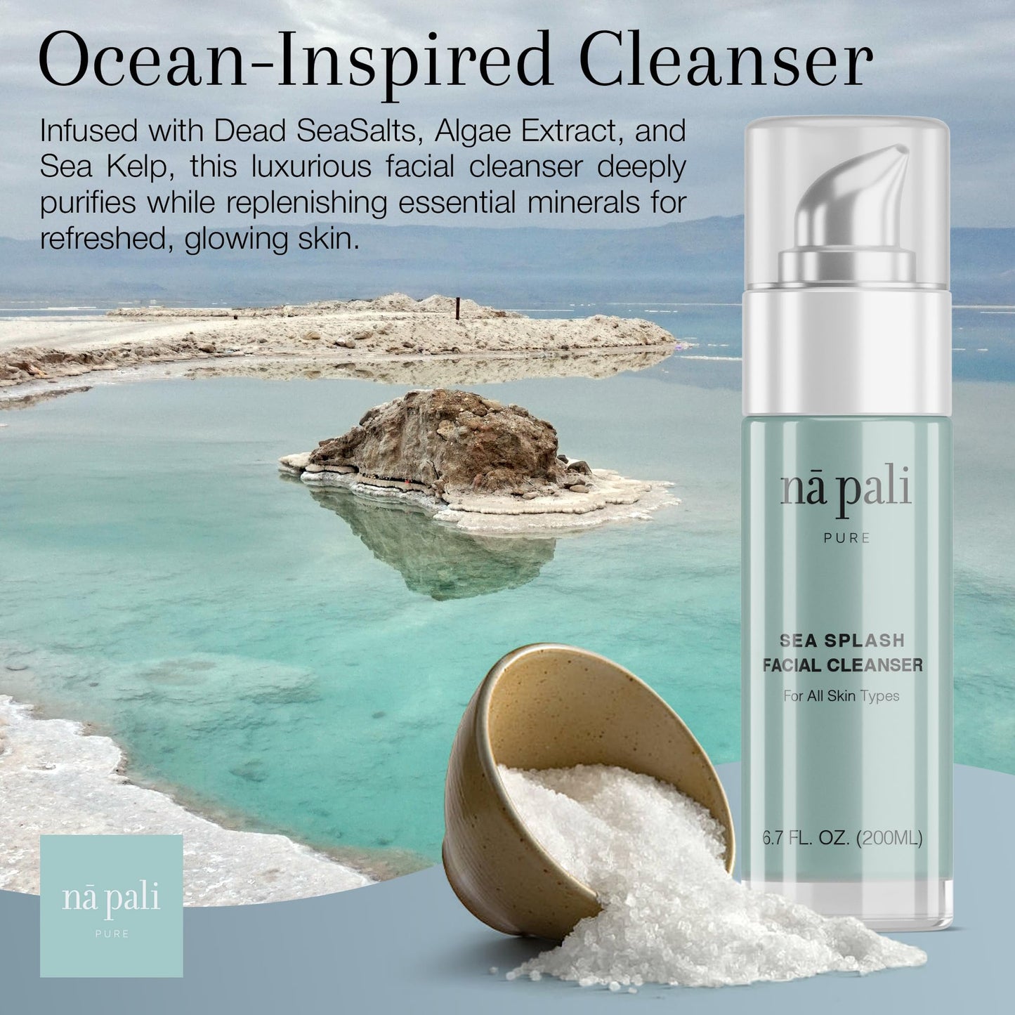 Na Pali Pure Sea Splash Facial Cleanser Hydrating Face Wash with Dead Sea Salts, Algae, Aloe & Green Tea – Gentle, pH-Balanced Daily Cleanser for All Skin Types – 6.7 fl oz