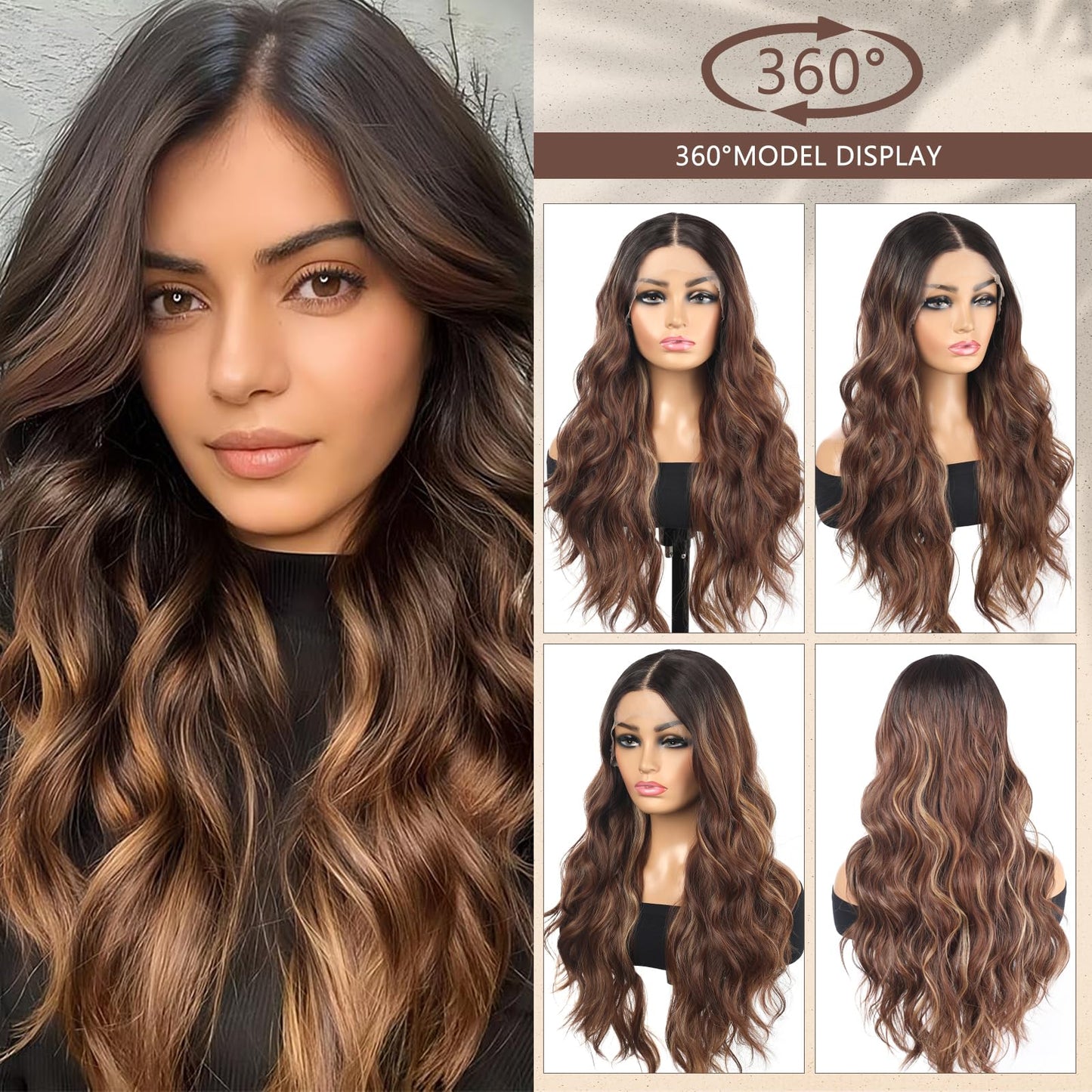 Rallarkrysset Lace Front Wig Balayage Pre Plucked Ombre Brown Highlight 13x4x1 Wigs for Women Ready to Wear HD Glueless Natural Long Wavy Wig for Women Middle Part Soft as Human Hair