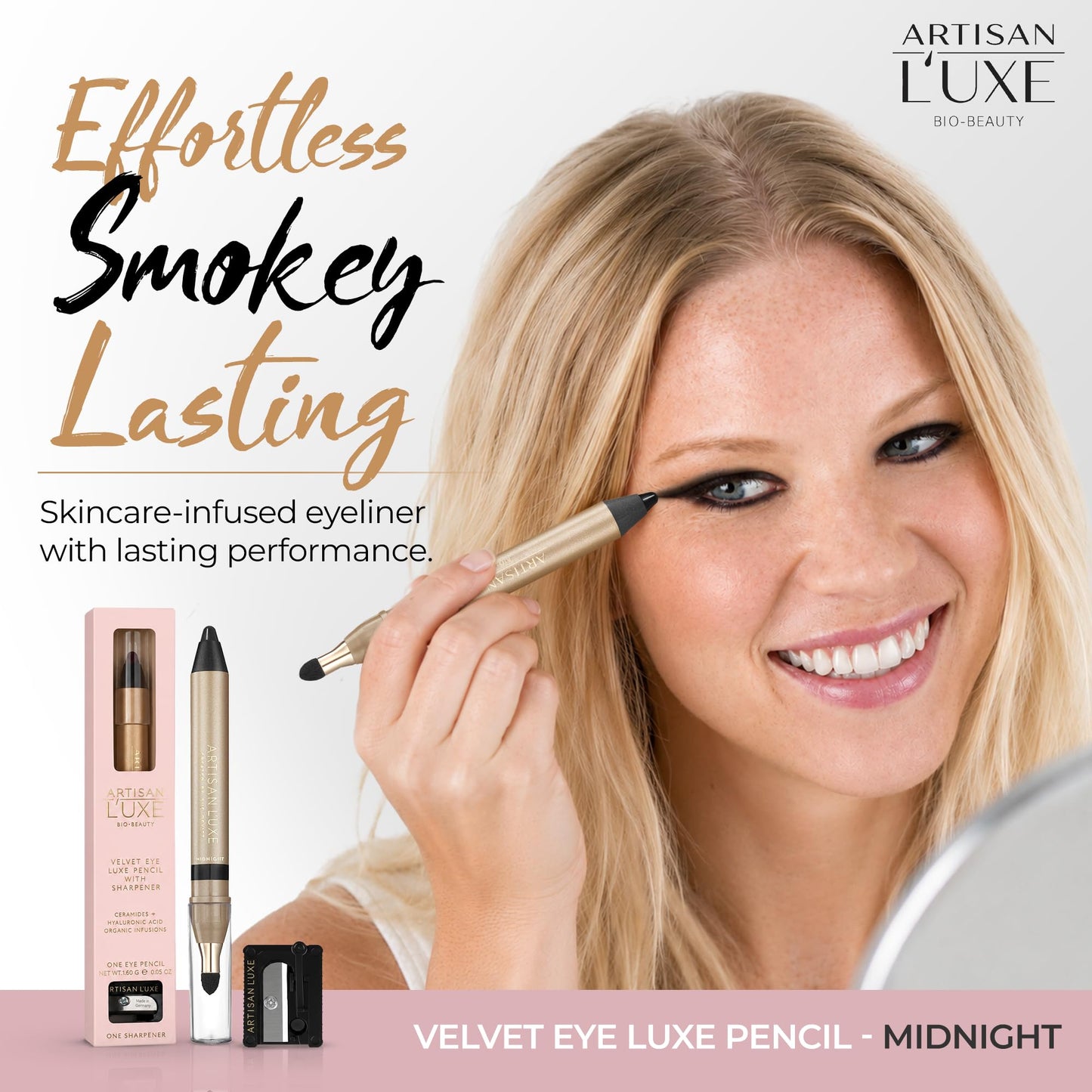 Artisan L'uxe Beauty Velvet Jumbo Black Eyeliner with Free Sharpener | Blendable Makeup for Smokey Eyes - Waterproof Smudge Proof Pencil Eyeliner, Built-in Smudger & Long Lasting