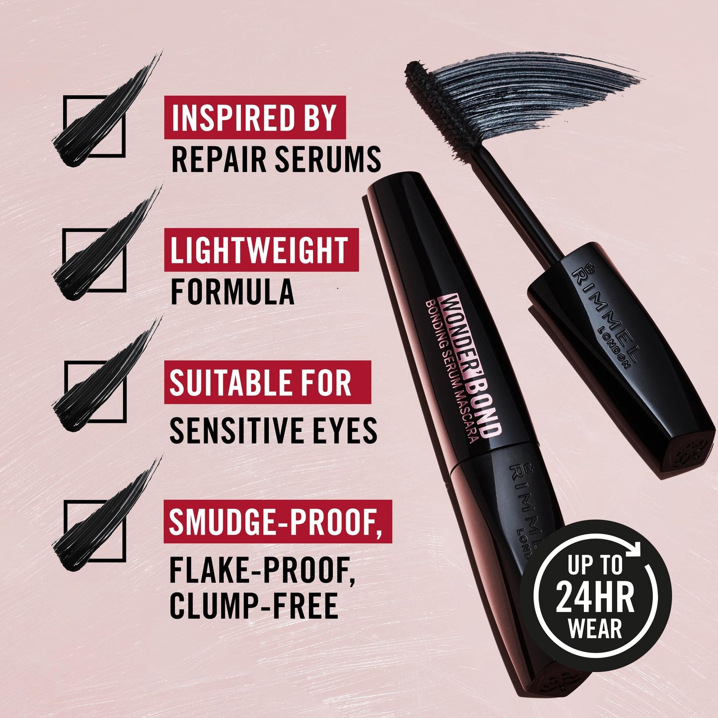 Rimmel Wonder'Bond, 002 Black Brown, Bonding Serum Mascara, Volumizing, Instantly Revitalized Lashes, With Biotin Bonding Complex, Smudge Proof, No Clumps, 0.39oz