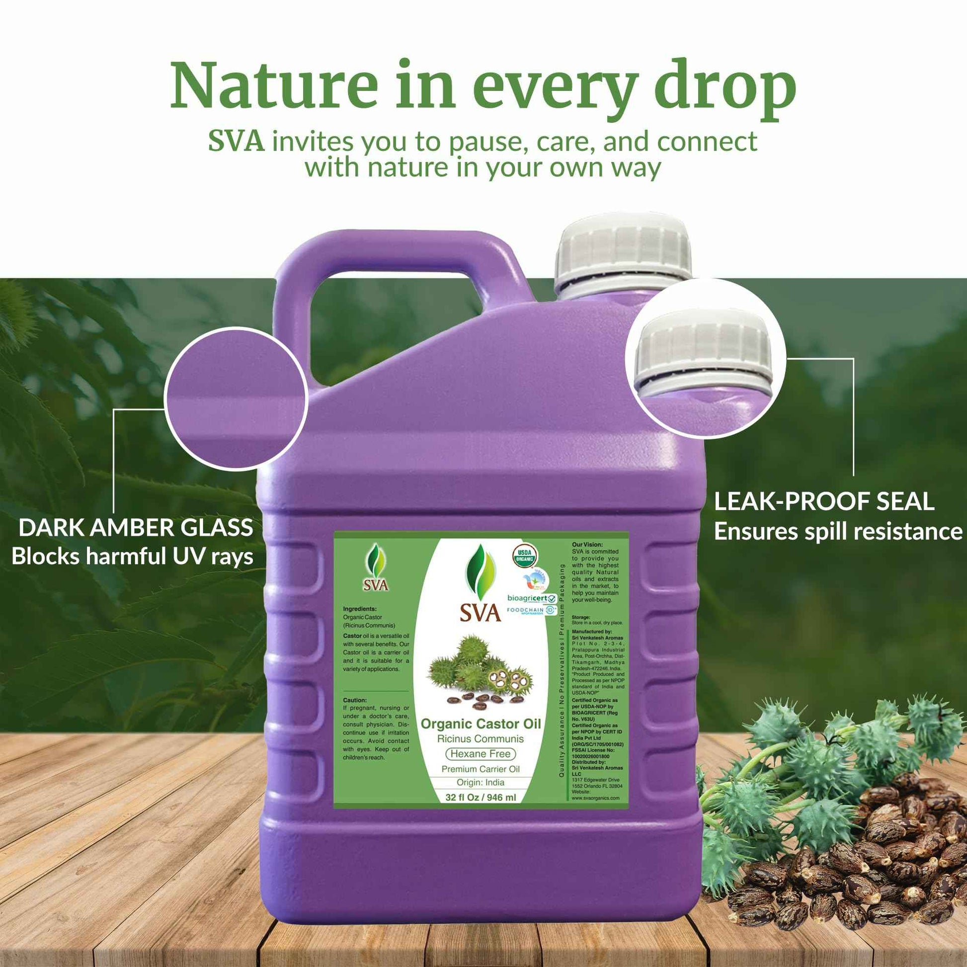 SVA Castor Seed Oi Organic - 32 Fl Oz – 100% Natural Cold Pressed Organic Castor Oil - for Face, Skin Care, Hair Care, Scalp Massage & Body Massage