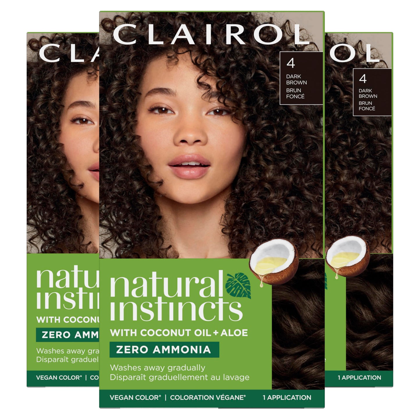 Clairol Natural Instincts Demi-Permanent Hair Dye, 4 Dark Brown | Ammonia‑Free, Vegan Hair Color with Coconut Oil & Aloe Vera | Pack of 3