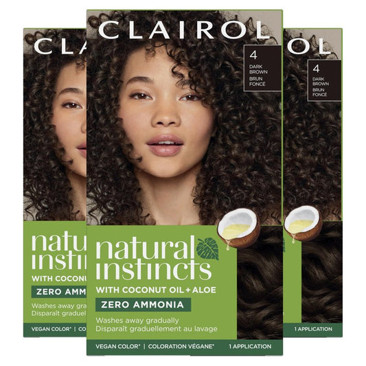 Clairol Natural Instincts Demi-Permanent Hair Dye, 4 Dark Brown | Ammonia‑Free, Vegan Hair Color with Coconut Oil & Aloe Vera | Pack of 3