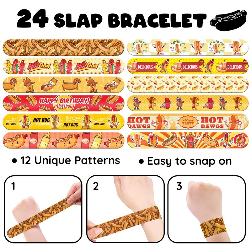 BOIKOKY 96 PCS Hot Dog Party Favors Set – 72 Pre-Cut Temporary Tattoos & 24 Slap Bracelets for Kids, Perfect for Food-Themed Birthday Parties, BBQ Celebrations & Classroom Rewards