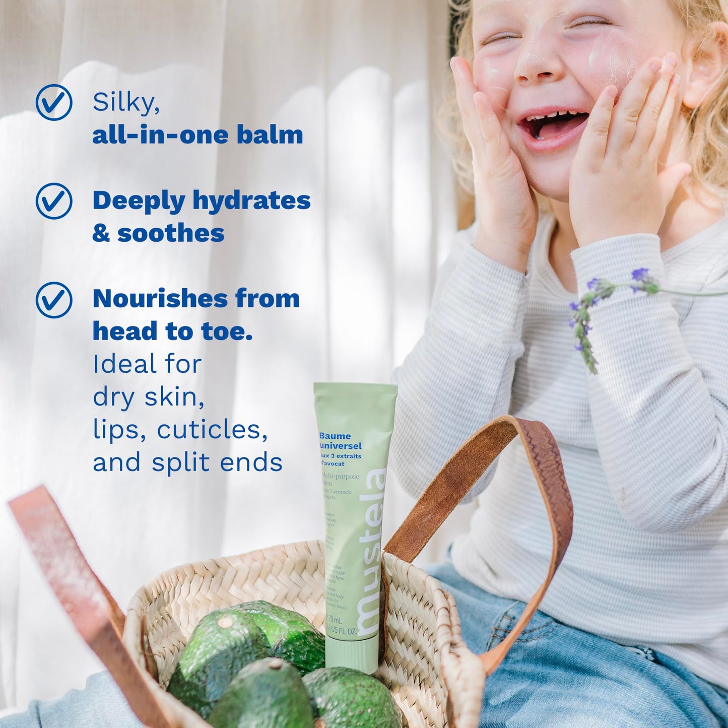 Mustela Multi-purpose Balm with 3 Avocado Extracts - Natural Cream Moisturizer for Face, Lip, Hand, Body & Dry Areas - For Baby, Kid & Adult - EWG Verified, Fragrance-Free & Vegan - 2.53 fl. oz.