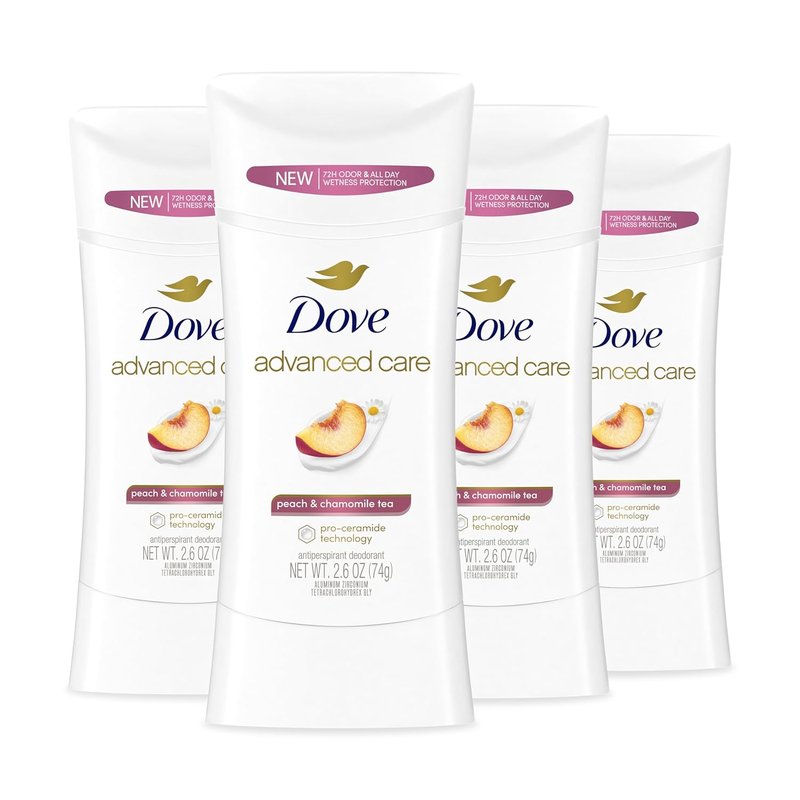 Dove Advanced Care Antiperspirant Deodorant Stick - Peach & Chamomile Tea | 72-Hour Odor Control, 2.6 oz, 4 Count