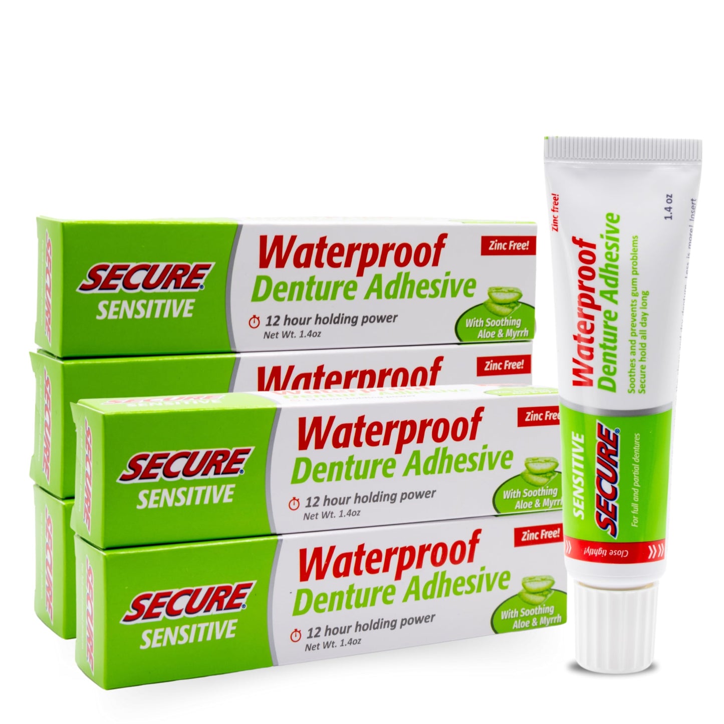 Secure Sensitive Denture Adhesive with Aloe Vera & Myrrh to Nourish Your Gums – Uppers, Lowers & Partials - Waterproof & Zinc Free - Food Grade Ingredients - Less Adhesive, More Hold - 1.4 oz (5 Pack)
