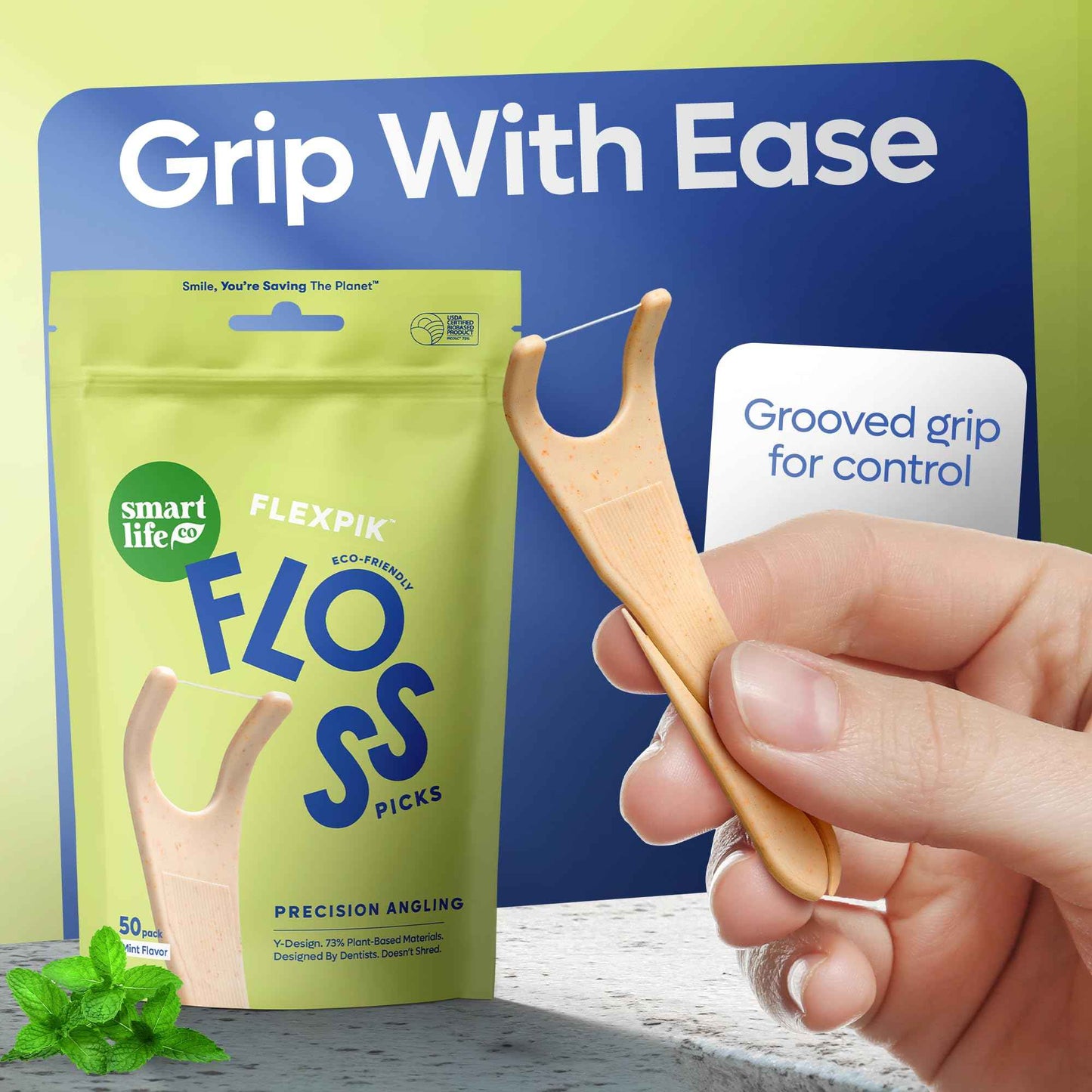 SmartLifeco Eco-Friendly Angled Dental Floss Picks (200ct) - Made with Straw Wheat Blend, Superior Anti-Shred Thread for Molars & Back Teeth, Tooth Pick Stick for Adults, Soft on Gums, Vegan, Mint