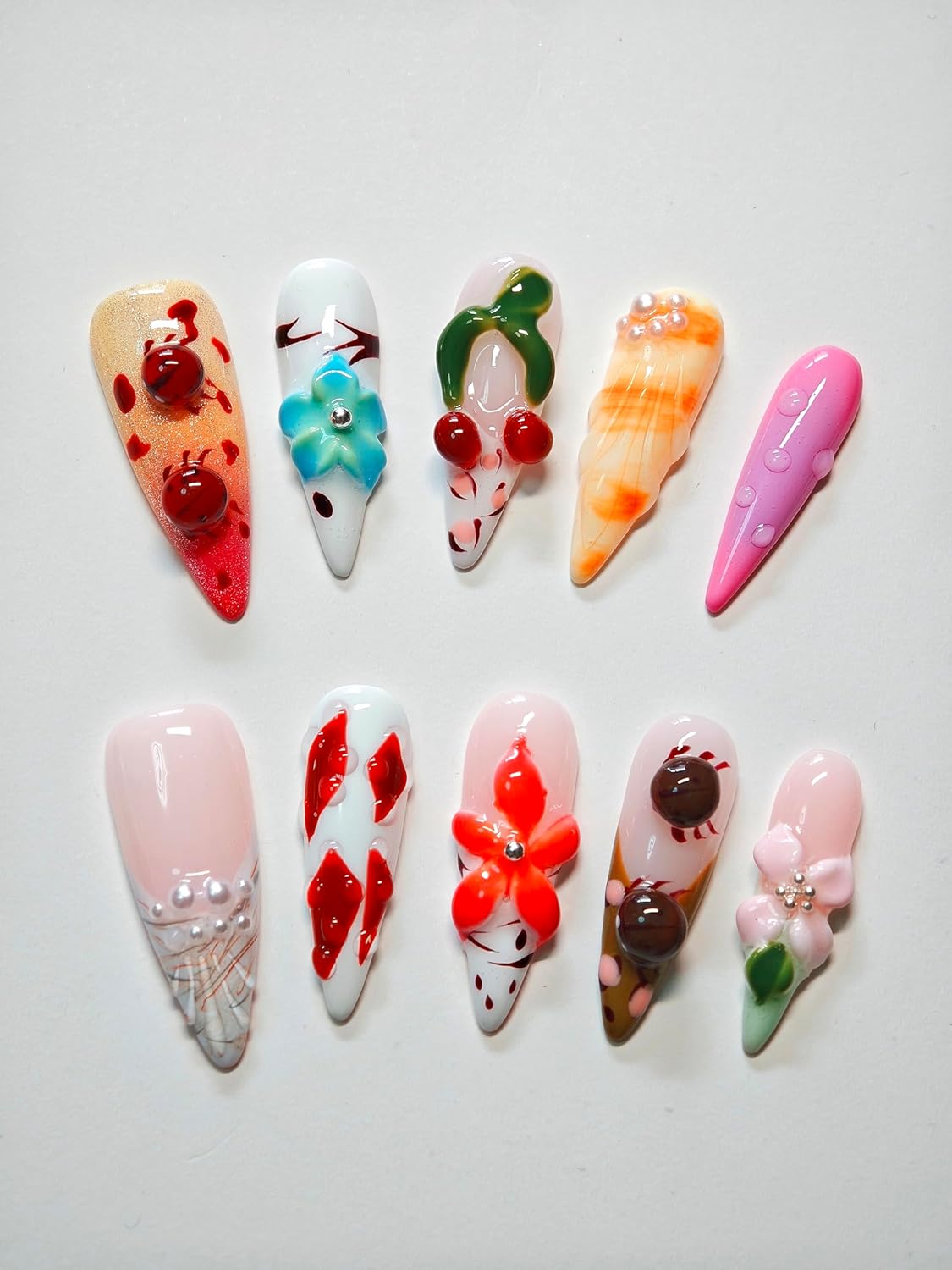 Press On Nails - 3D Designer Nail Art Set | Handmade & Reusable, Tropical Paradise Mix, Medium Size, 10 Pcs