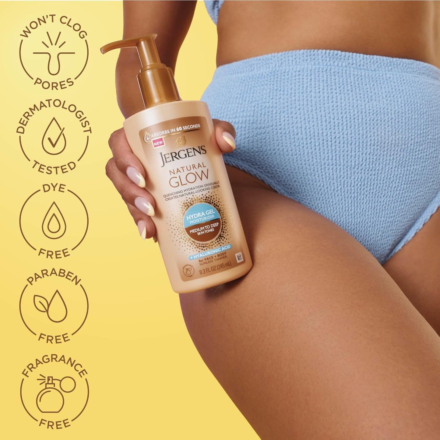 Jergens Natural Glow - Hyaluronic Acid Tanning Lotion | Fragrance-Free Hydrating Gel, 8.3 Fl Oz