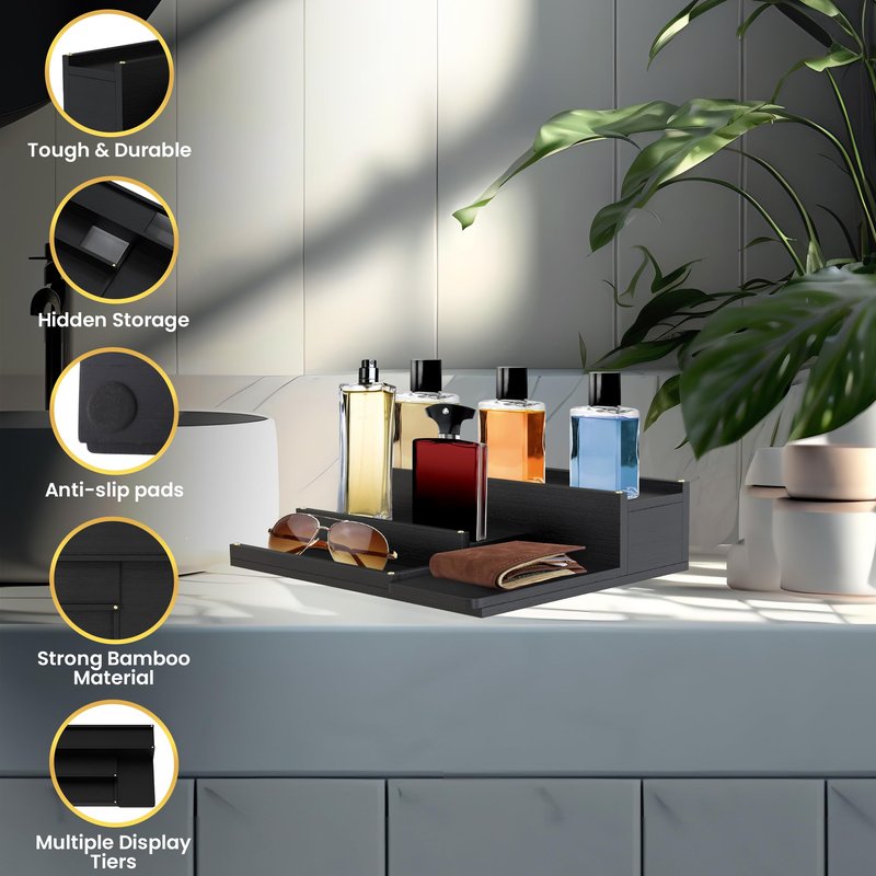 Cologne Organizer for Men - 3-Tier Solid Wood Cologne Stand with Hidden Compartments, Multi-Purpose Perfume Organizer and Display Shelf for Organizing Accessories, Ideal Gift for Men, Anniversary Gift
