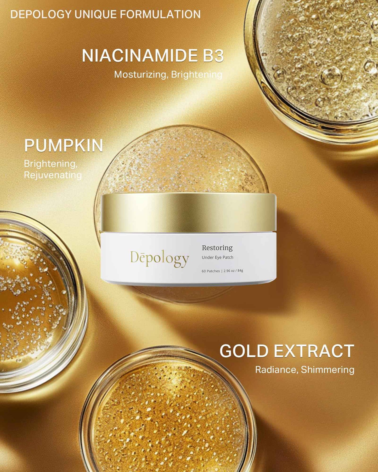 depology Restoring Hydrogel Under Eye Patch | 60 Patches | Brightening Caffeine Gold Pads for Dark Circles | Puffiness | Wrinkles | Refresh | Travel