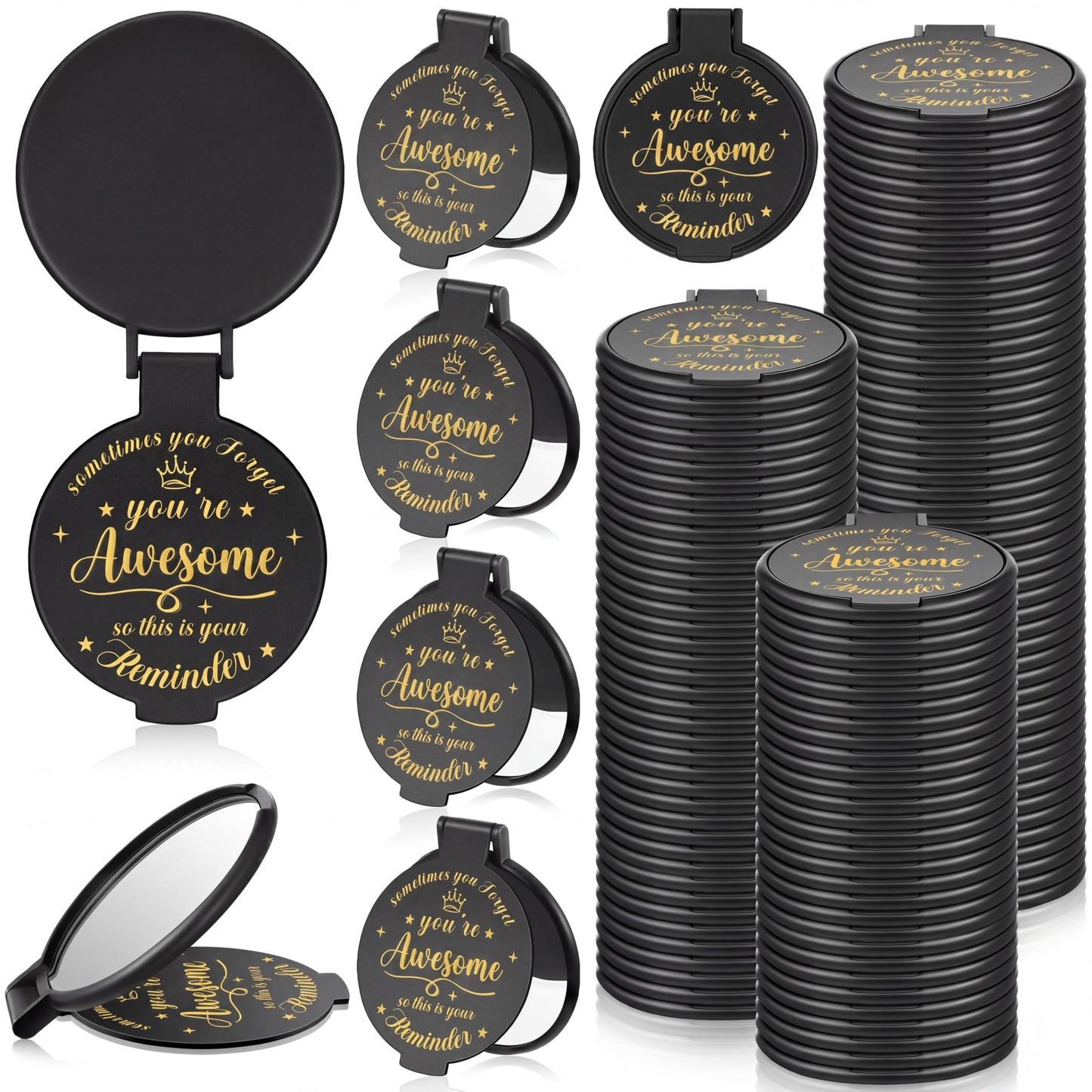 Gulfmew 100 Pcs 2.76 Inch Inspirational Compact Mirror Bulk Women Small Gifts Graduation Mothers Day Party Favors Purse Mirror Pocket Mini Items for Adult Coworker Cheerleader Swag Bag (Black)