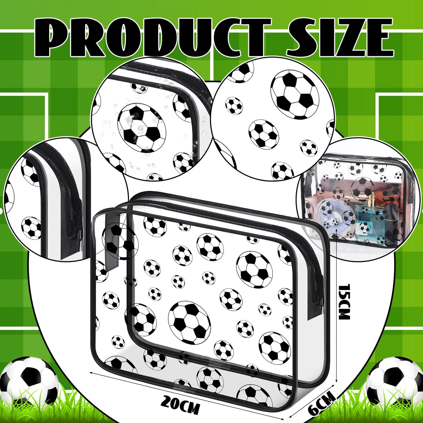 Kacctyen 20 Pcs Soccer Makeup Bags Bulk for Girls Women Football Team Party Favors Goodie Snack Bags 8 x 6 x 2.4'' Clear Cosmetic Bag Bulk for Soccer Mom Accessories PVC Toiletry Pouch with Zipper