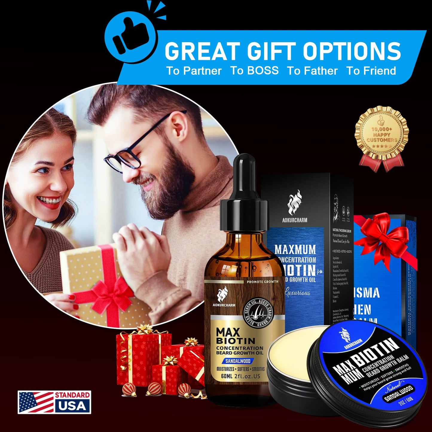 aokur 2 Pack Biotin Beard Growth Kit for Men – Sandalwood Beard Oil & Balm – Beard Care Set for Growth, Softening & Styling – Gift for Father’s Day & Christmas