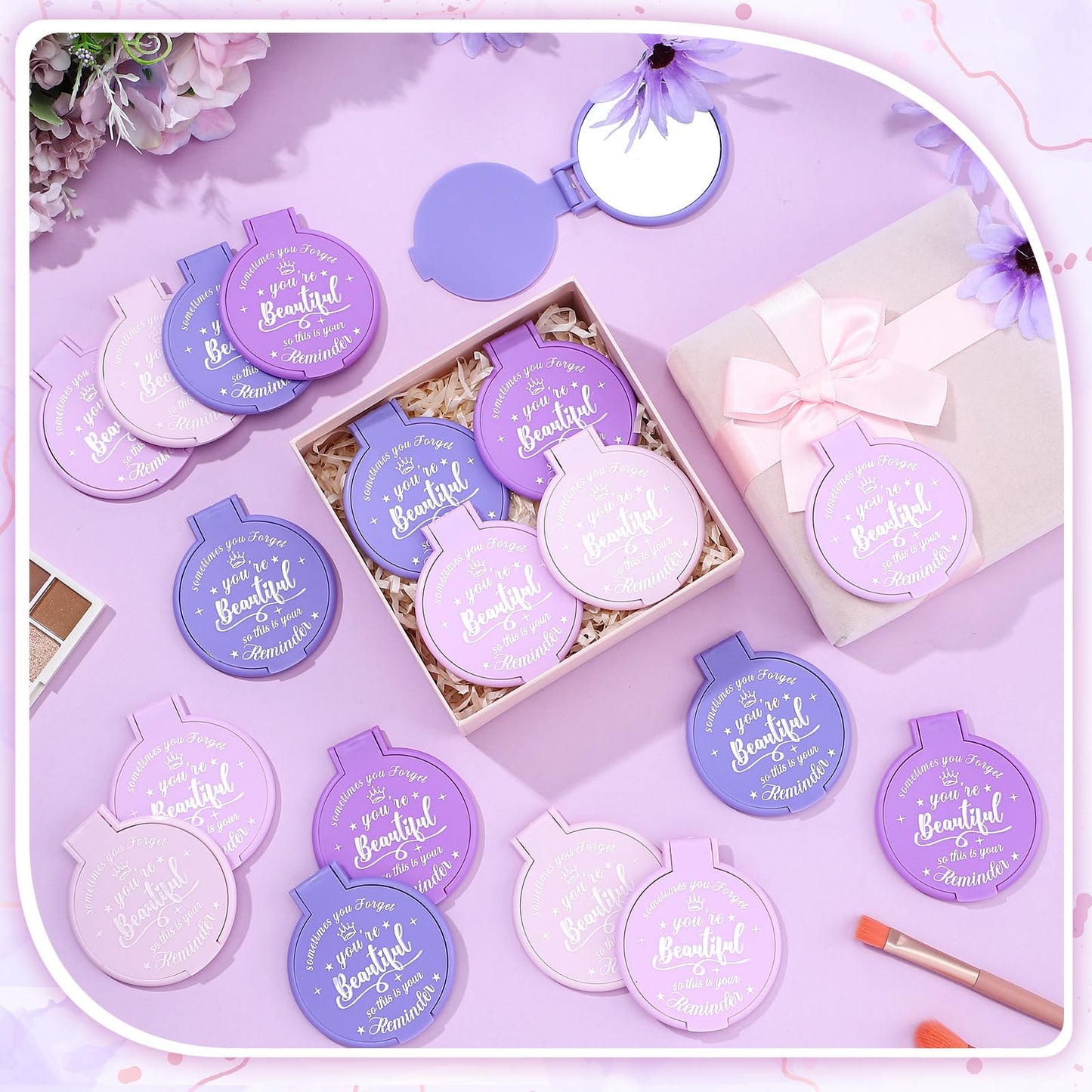 Gulfmew 100 Pcs 2.76 Inch Inspirational Compact Mirror Bulk Women Small Gifts Graduation Mothers Day Party Favors Purse Mirror Pocket Mini Items for Adult Coworker Cheerleader Swag Bag (Purple Series)